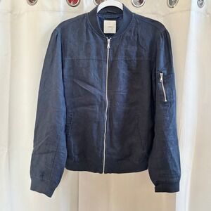 Celio Mens Bomber Jacket Navy Blue Linen Full Zip Medium Preppy Lined 19499